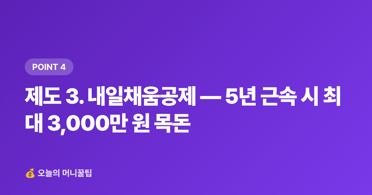 제도 3. 내일채움공제 — 5년 근속 시 최대 3,000만 원 목돈 - 8월 중소기업 근로자 정부지원금 월급 보전 제도 총정리