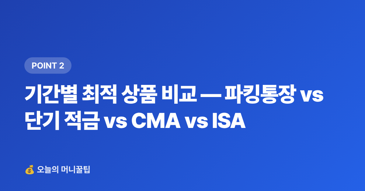 기간별 최적 상품 비교 — 파킹통장 vs 단기 적금 vs CMA vs ISA - 추석 상여금·휴가비, 단기 고금리 상품 완전 비교 가이드